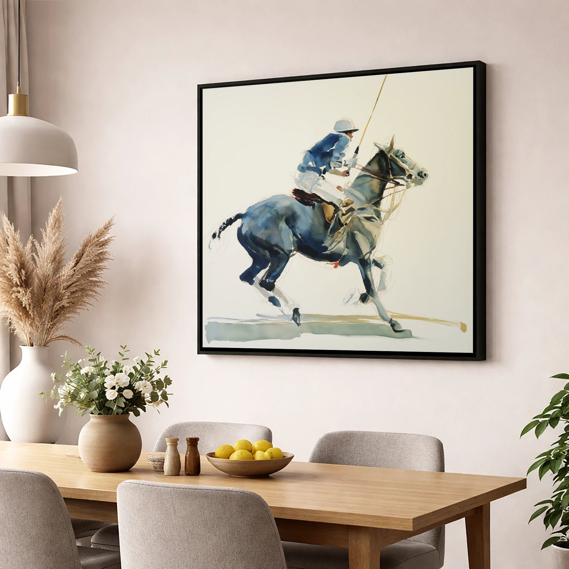 Mid-Chukka Momentum polo horse wall art displayed in a dining room