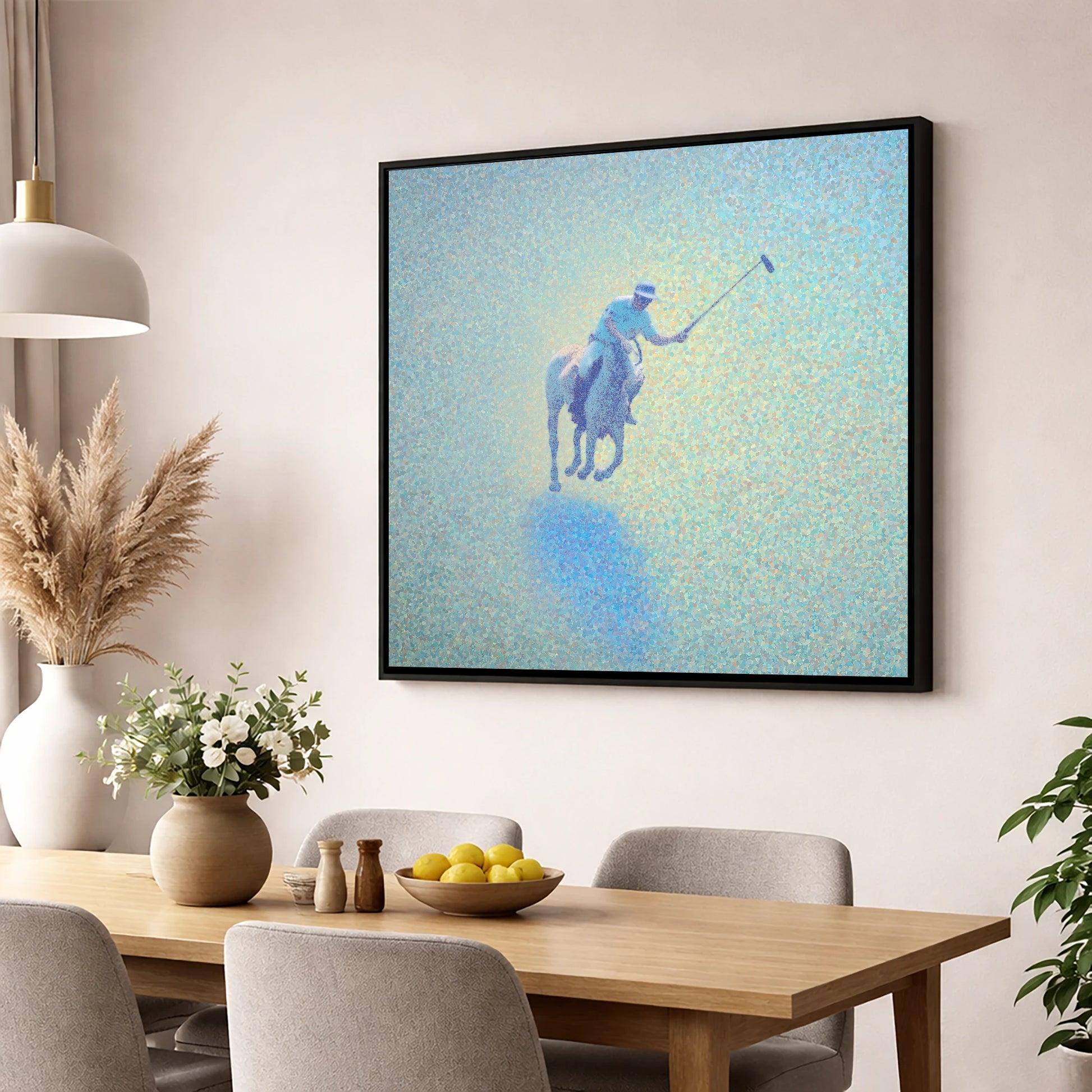 Ethereal Polo Chukka polo horse wall art displayed in a dining room