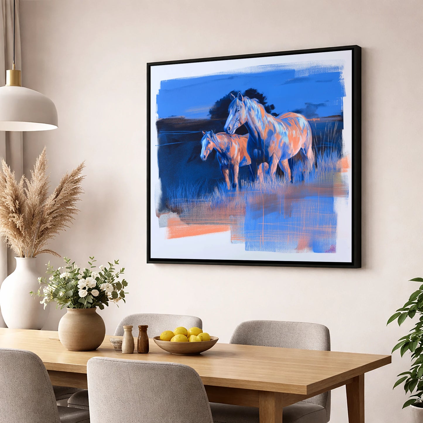 Twilight Companions wild horses wall art displayed in a dining room