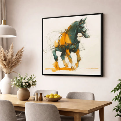 Dynamic Harness Stride working horse wall art displayed in a dining room