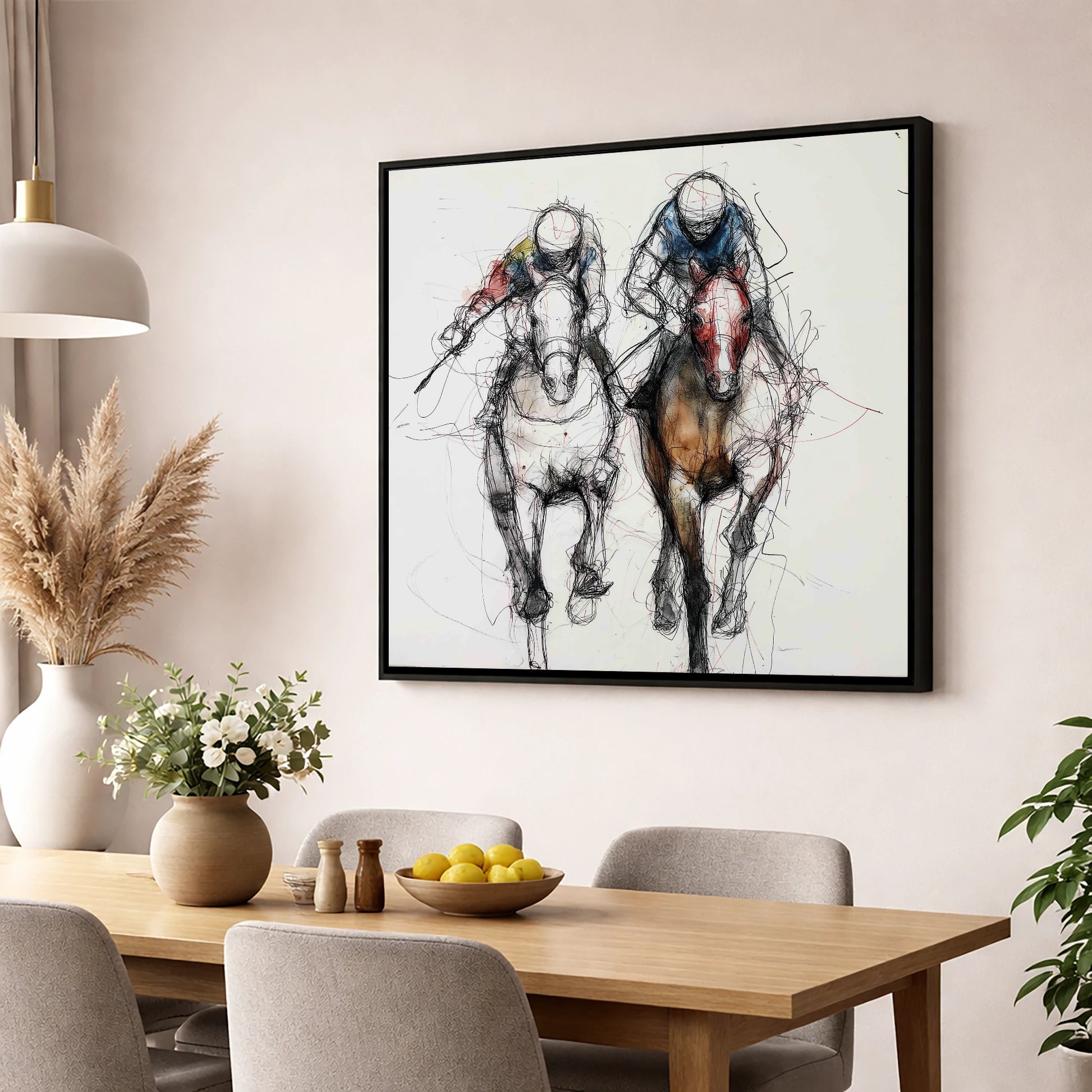 Neck and Neck racing horse wall art displayed in a dining room