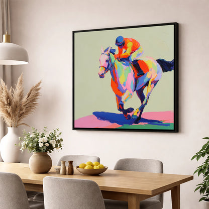 Technicolour Sprint racing horse wall art displayed in a dining room
