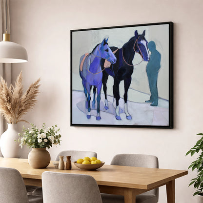Shadows of the Yard racing horse wall art displayed in a dining room