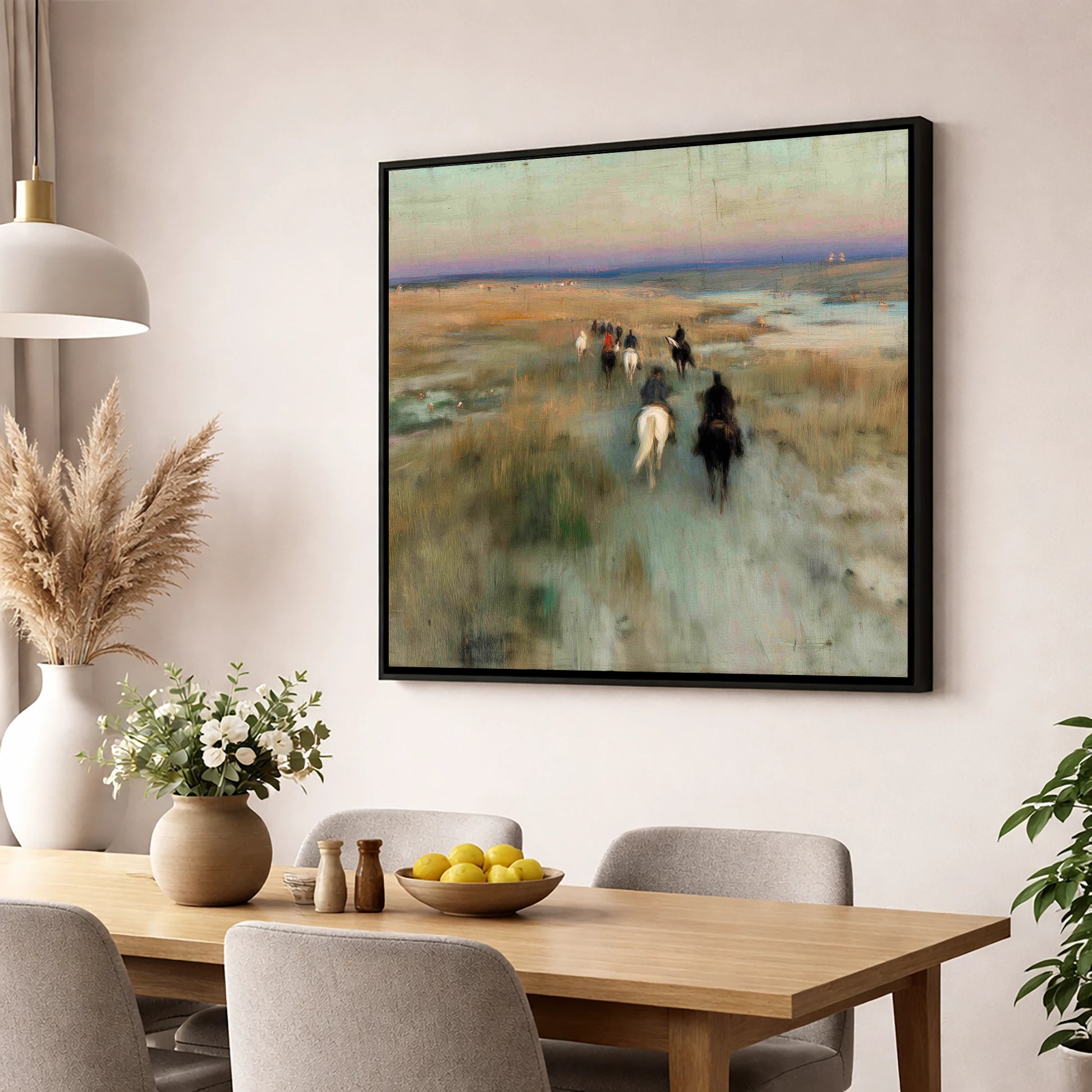 The Dawn String horse landscape wall art displayed in a dining room