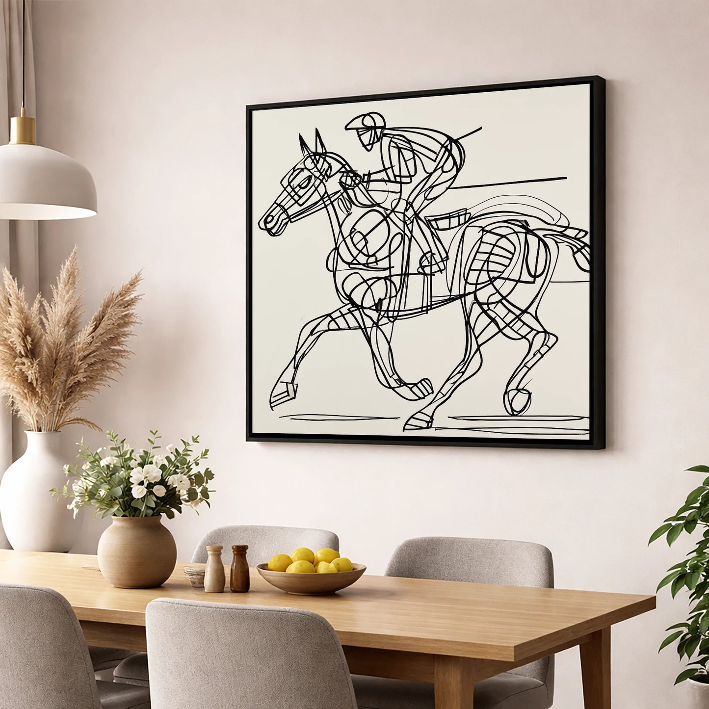 Linear Racing Form racing horse wall art displayed in a dining room