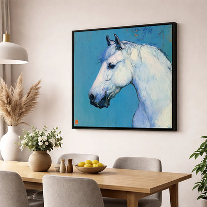 Cerulean Grey Profile horse portrait wall art displayed in a dining room