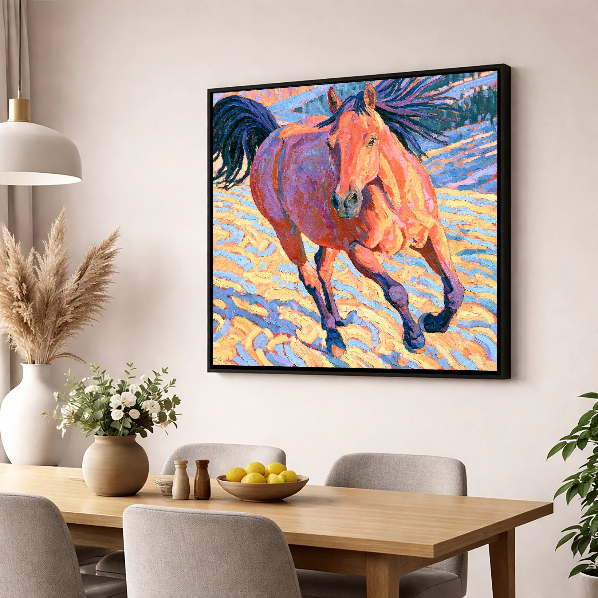 Vibrant Horse at a Canter horse breed wall art displayed in a dining room