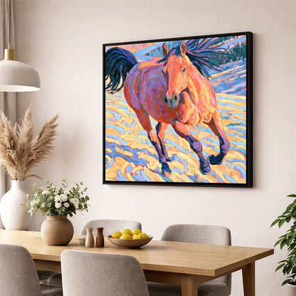 Vibrant Horse at a Canter horse breed wall art displayed in a dining room