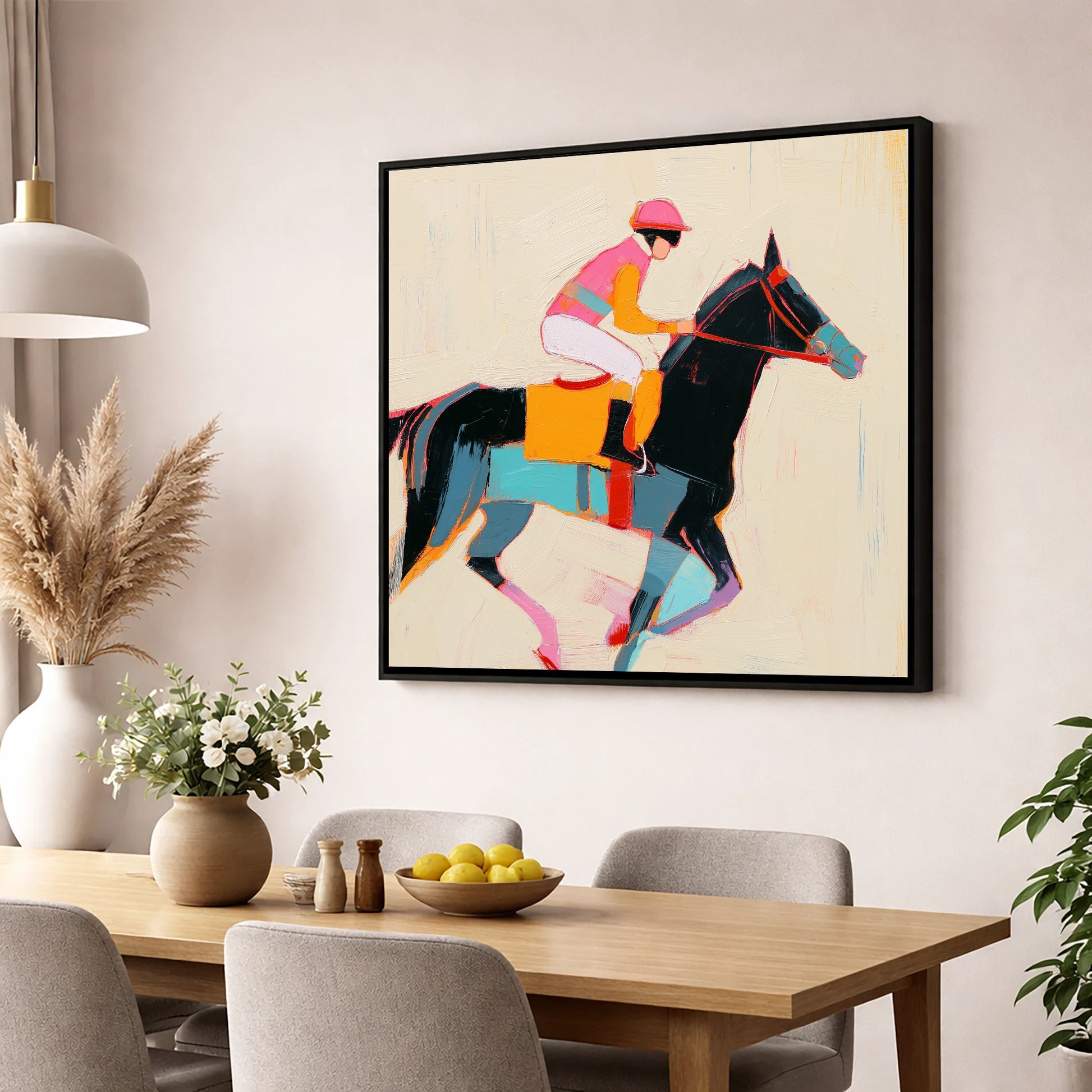 Vibrant Sprint racing horse wall art displayed in a dining room