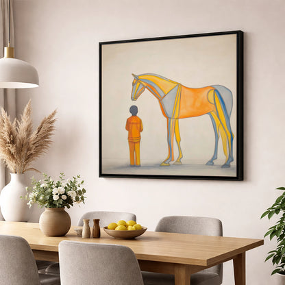 Structural Harmony horse & rider wall art displayed in a dining room
