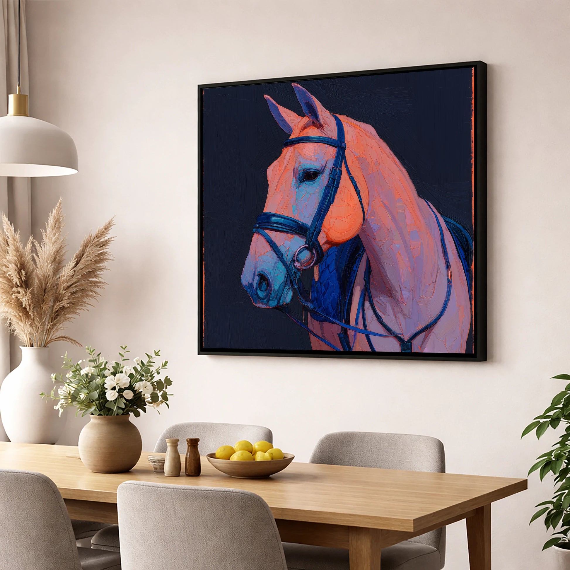 Midnight and Peach Profile horse portrait wall art displayed in a dining room