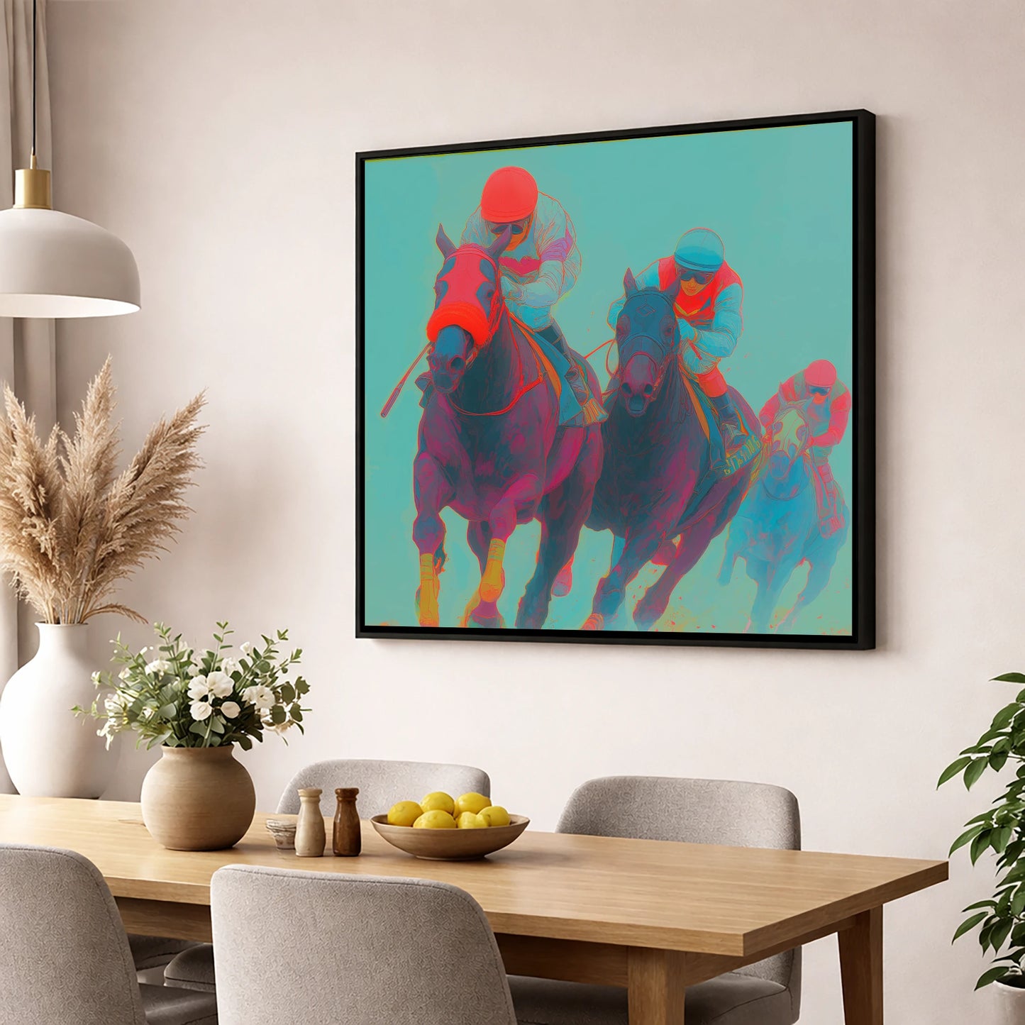 Electric Homestretch racing horse wall art displayed in a dining room