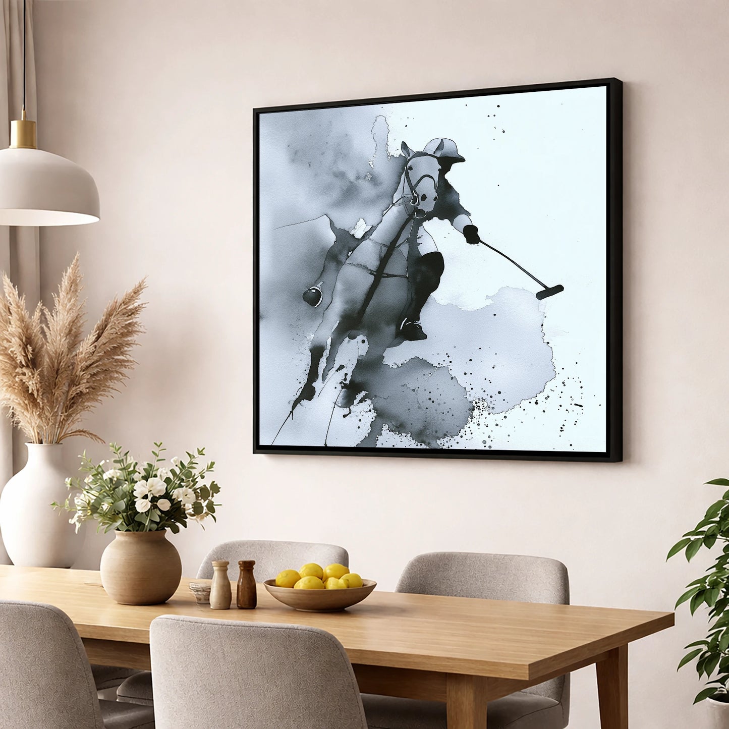 The Striker's Charge polo horse wall art displayed in a dining room