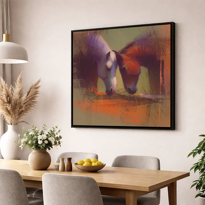 Sunlit Grazing Companions horse portrait wall art displayed in a dining room