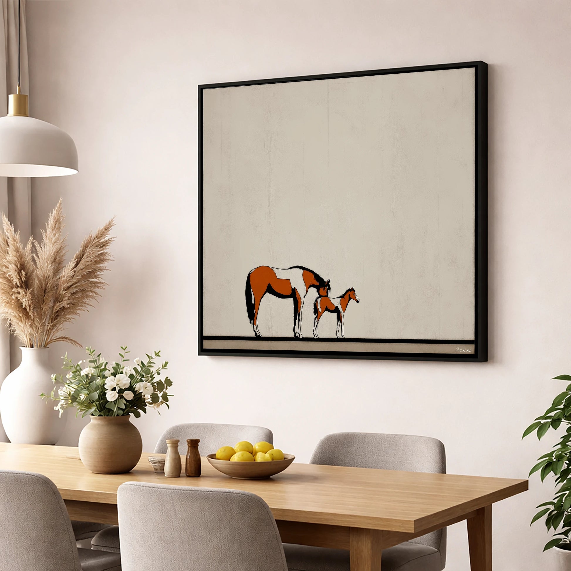 Quiet Moments mare & foal wall art displayed in a dining room