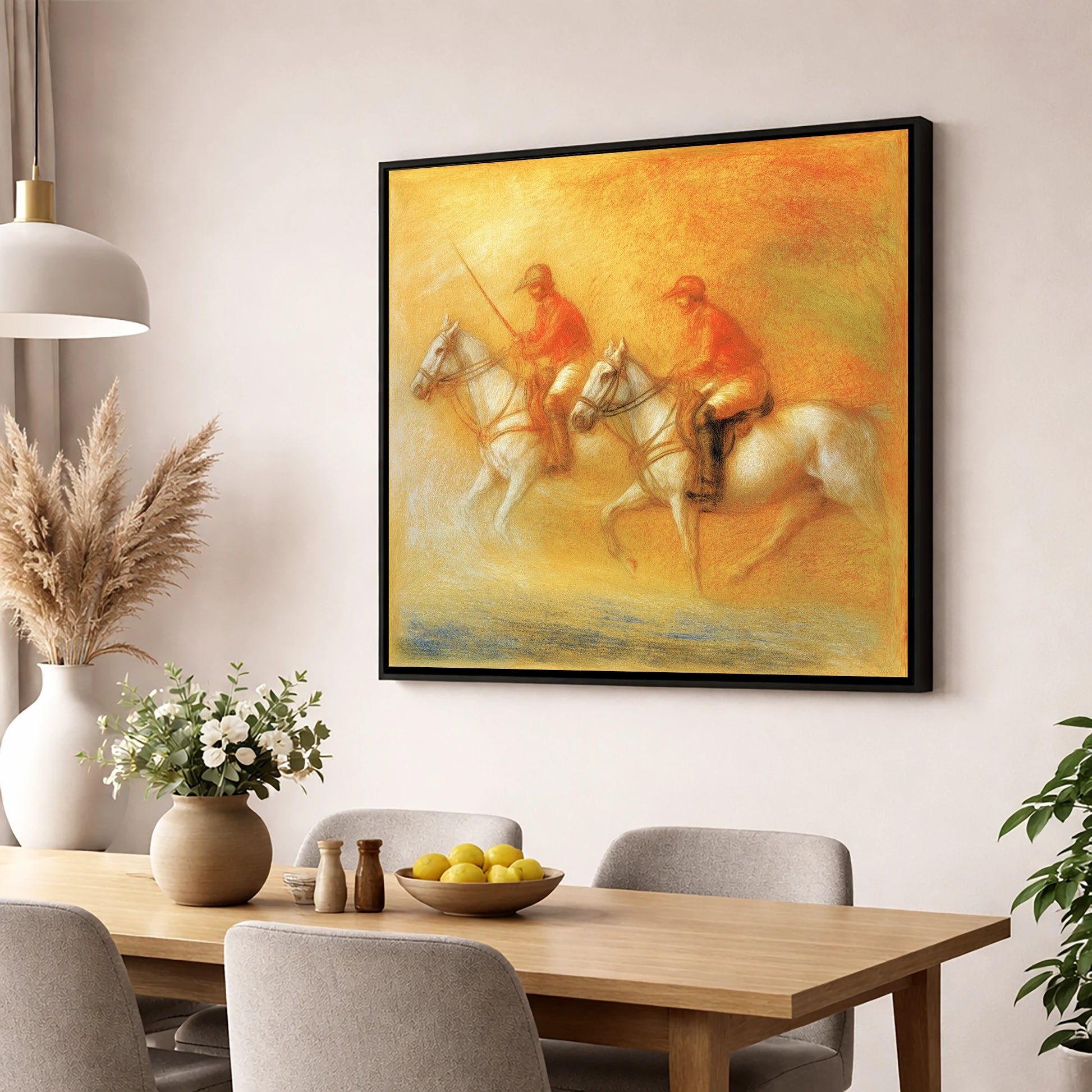 Golden Hour Polo polo horse wall art displayed in a dining room
