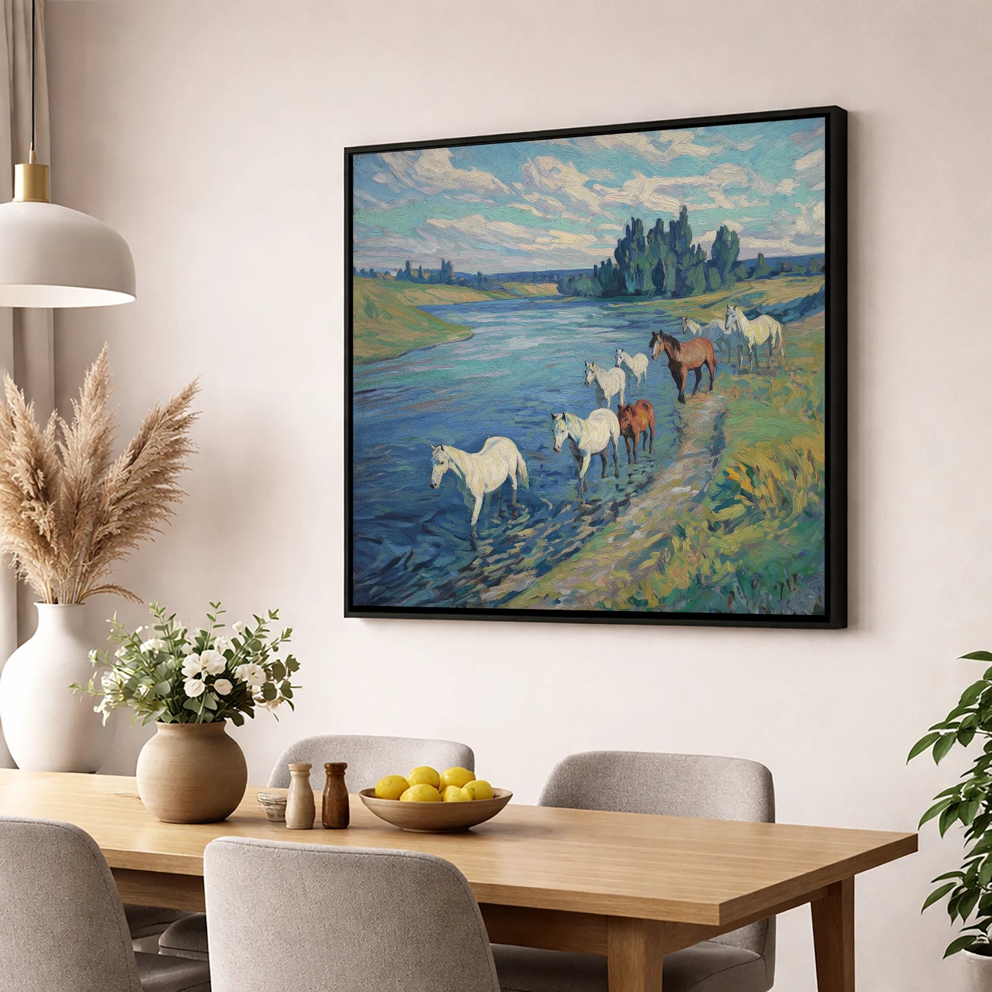 Riverside Herd wild horses wall art displayed in a dining room
