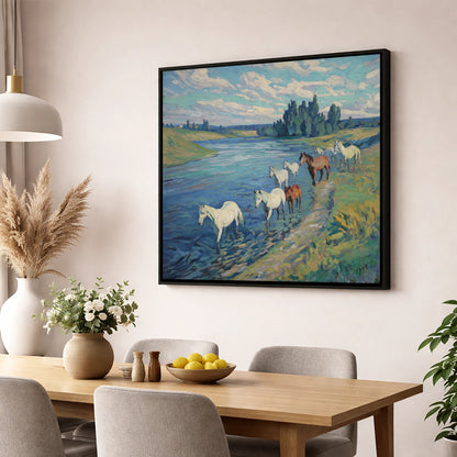 Riverside Herd wild horses wall art displayed in a dining room
