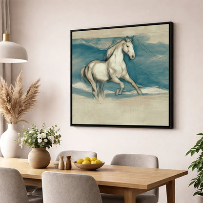 Ethereal Grey Canter horse portrait wall art displayed in a dining room