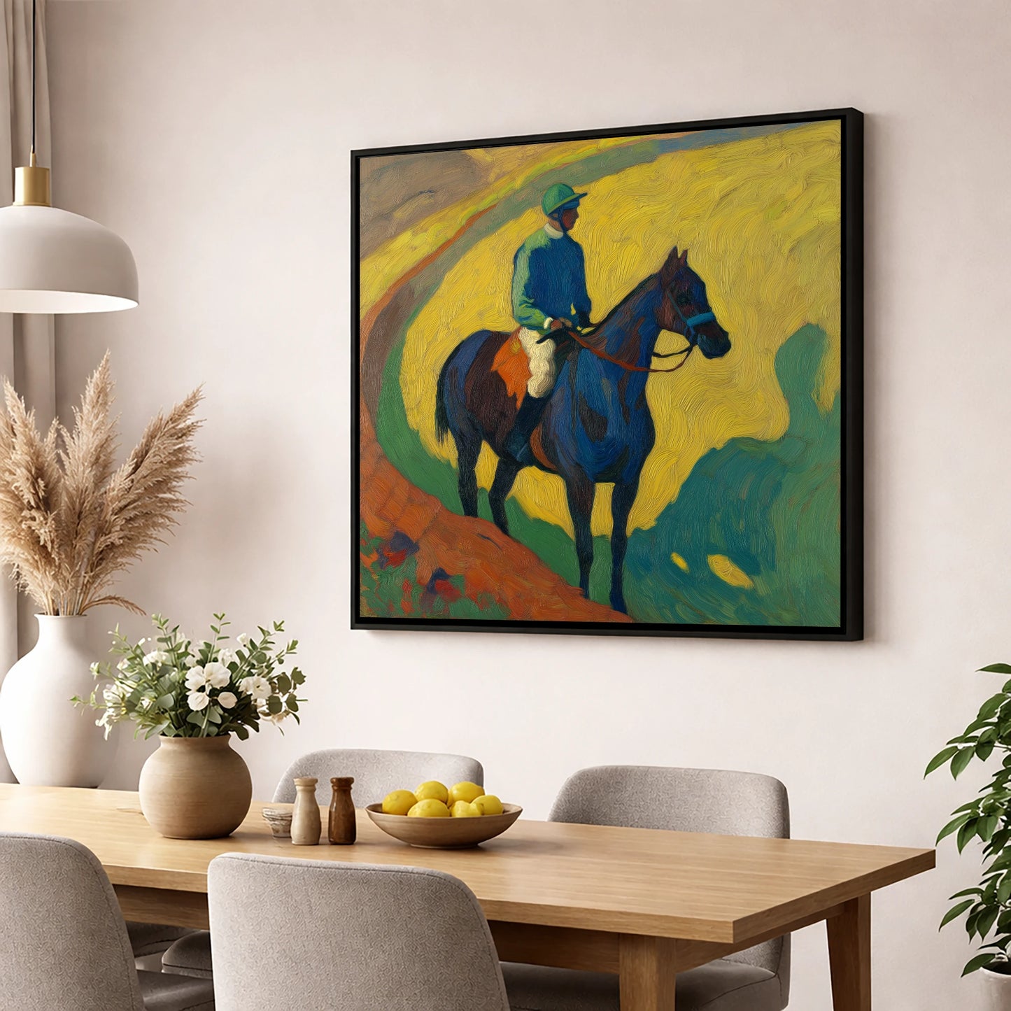 The Blue Thoroughbred racing horse wall art displayed in a dining room