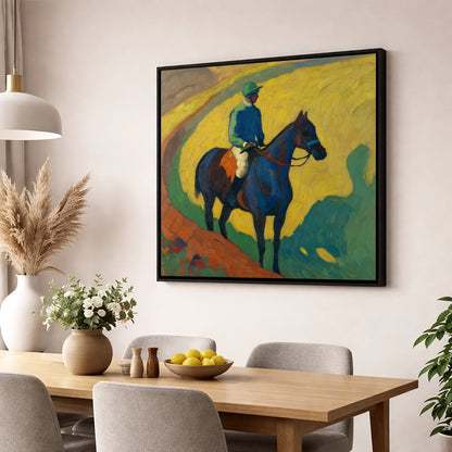 The Blue Thoroughbred racing horse wall art displayed in a dining room