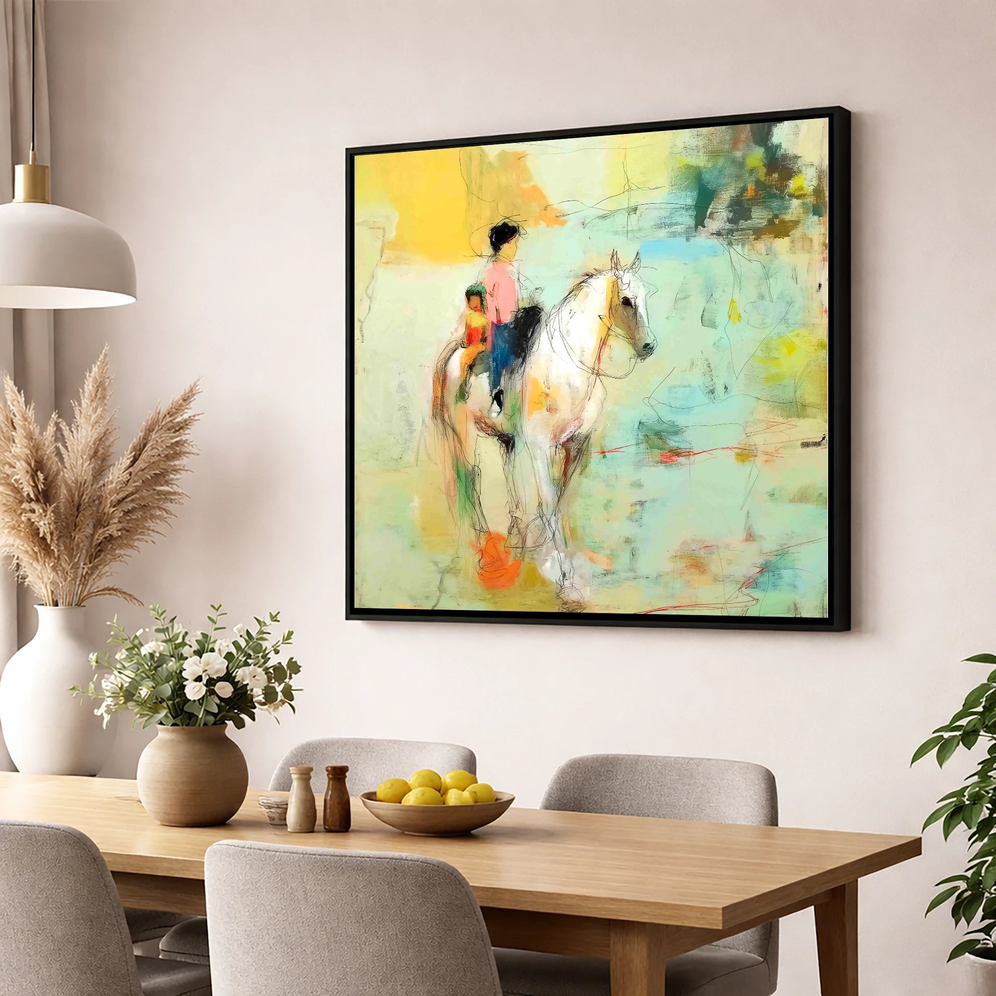 The Shared Ride horse & rider wall art displayed in a dining room