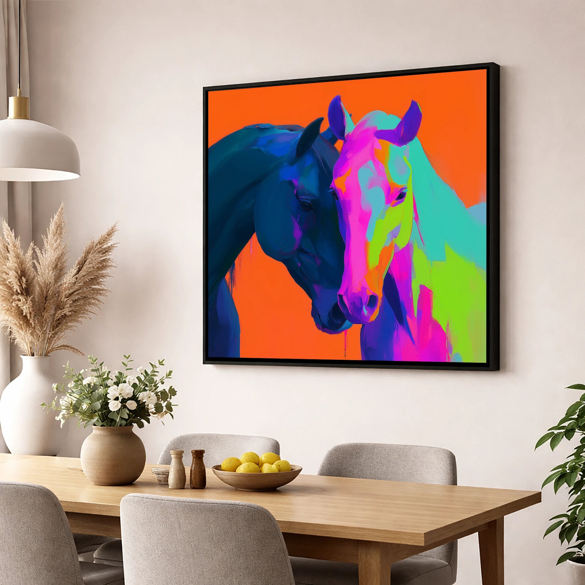 Vibrant Equine Embrace horse portrait wall art displayed in a dining room