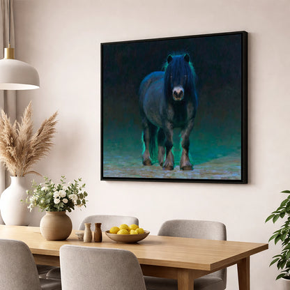 Black Shetland Pony in Moonlight horse breed wall art displayed in a dining room