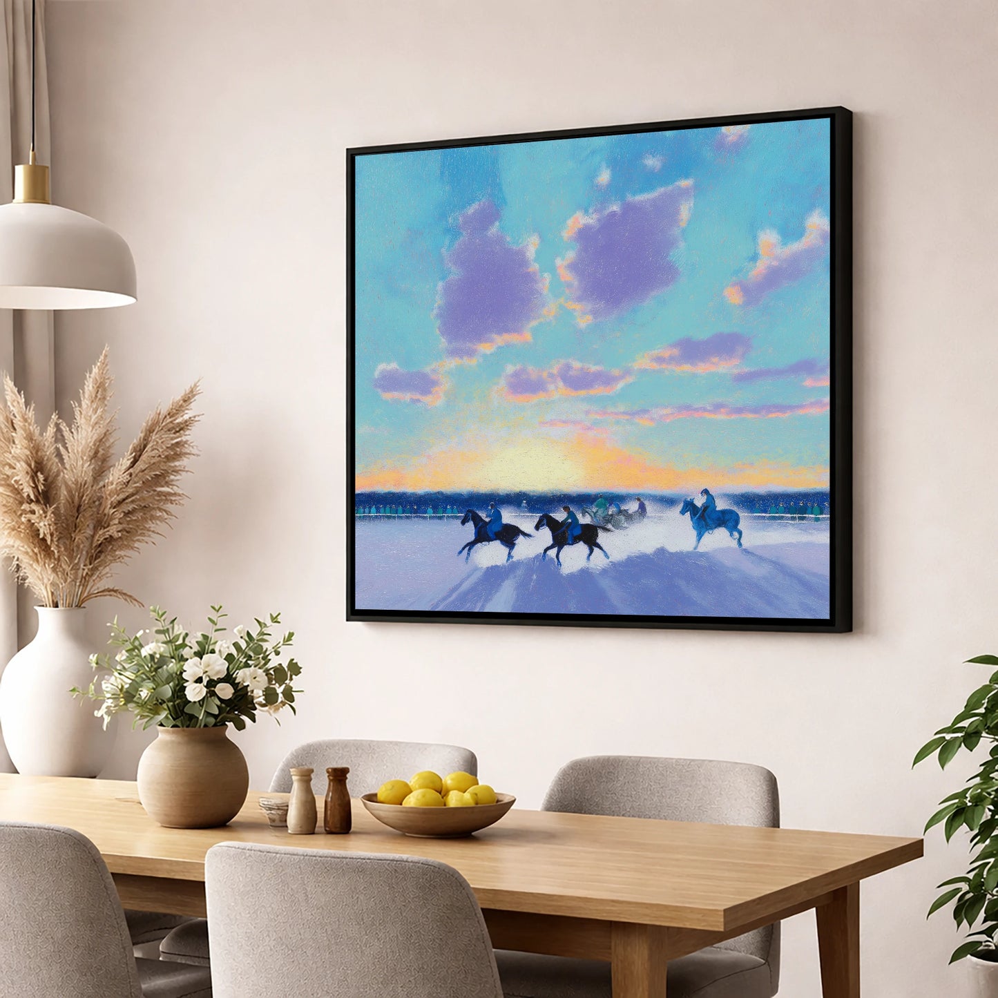 Winter Polo Dawn polo horse wall art displayed in a dining room