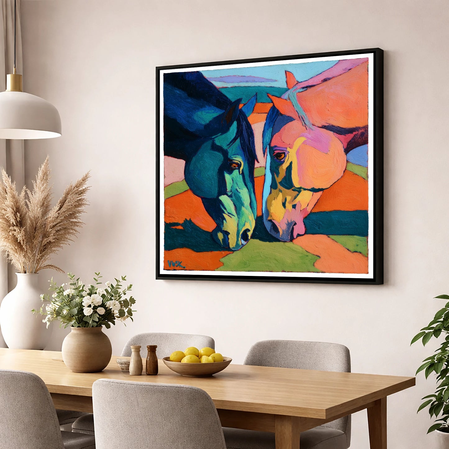 Vibrant Companions horse portrait wall art displayed in a dining room