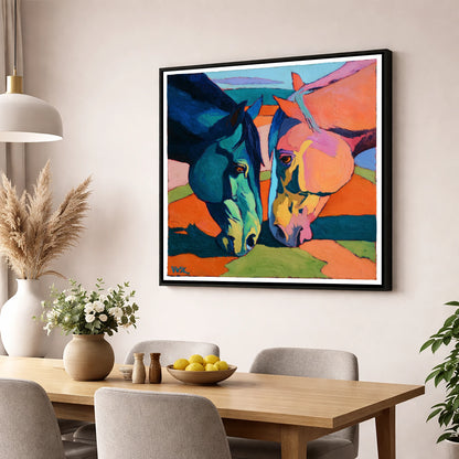 Vibrant Companions horse portrait wall art displayed in a dining room