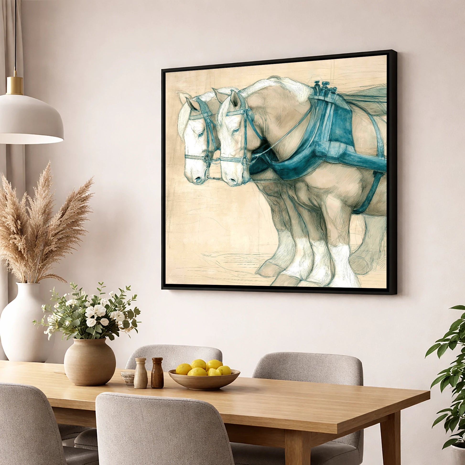 Quiet Strength in Harness working horse wall art displayed in a dining room