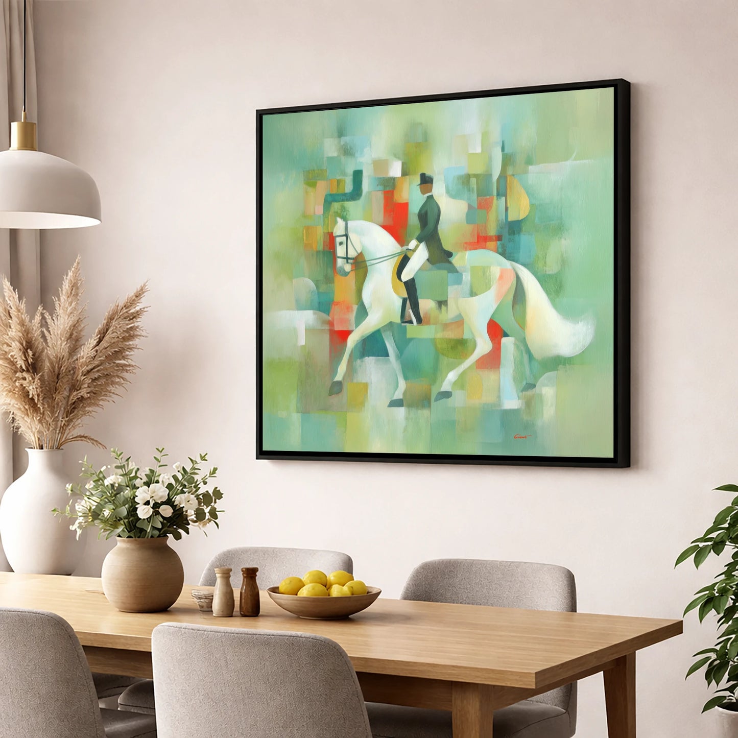 Modern Dressage Mosaic dressage horse wall art displayed in a dining room