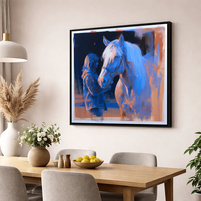 The Cobalt Bond horse & rider wall art displayed in a dining room