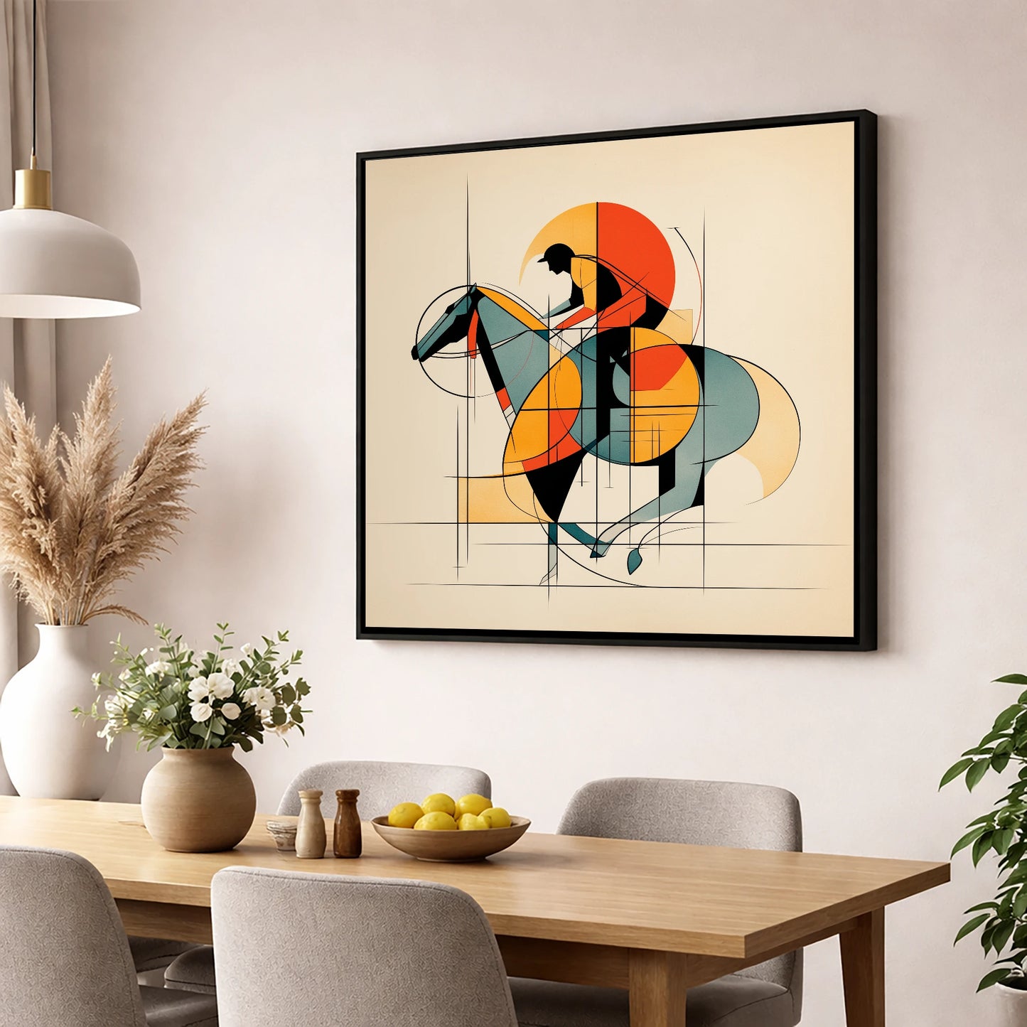 Rhythm of the Turf racing horse wall art displayed in a dining room