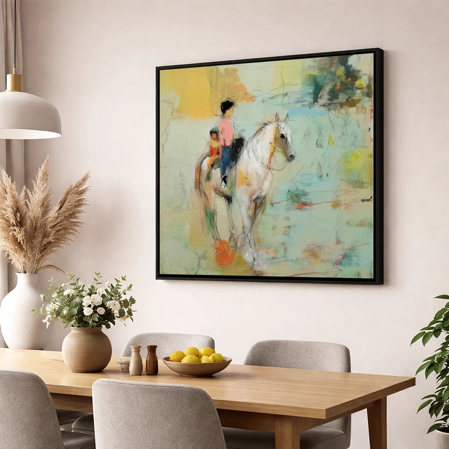 The Shared Ride horse & rider wall art displayed in a dining room