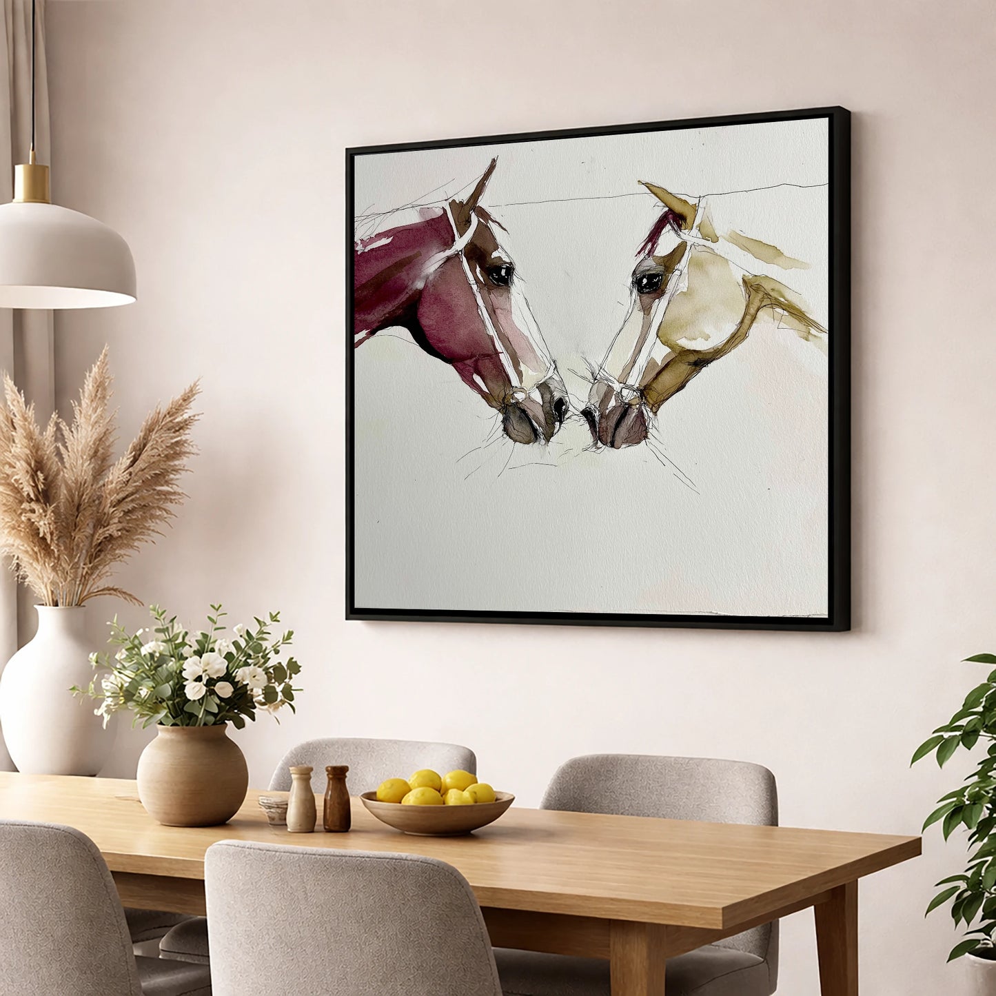 Kindred Spirits horse portrait wall art displayed in a dining room