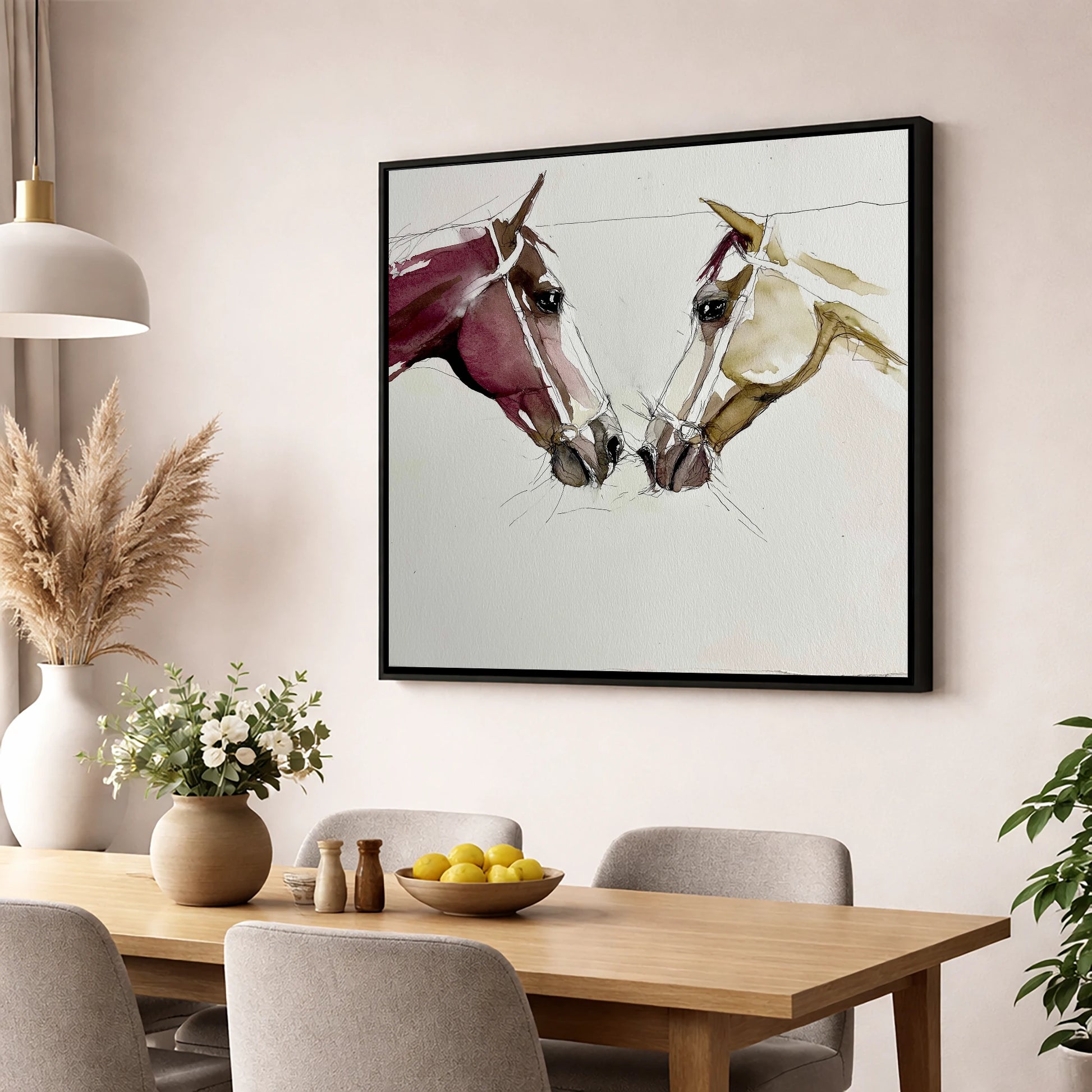 Kindred Spirits horse portrait wall art displayed in a dining room