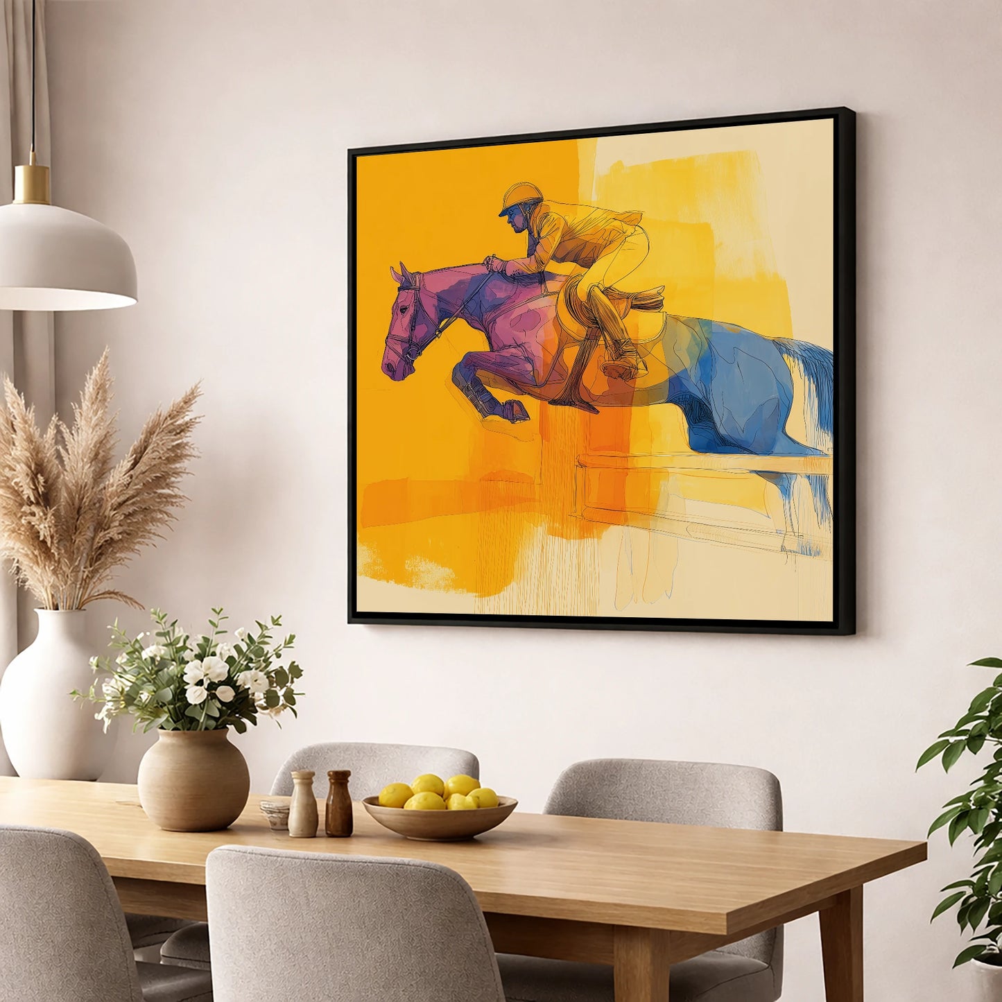 The Colour of Flight show jumping horse wall art displayed in a dining room