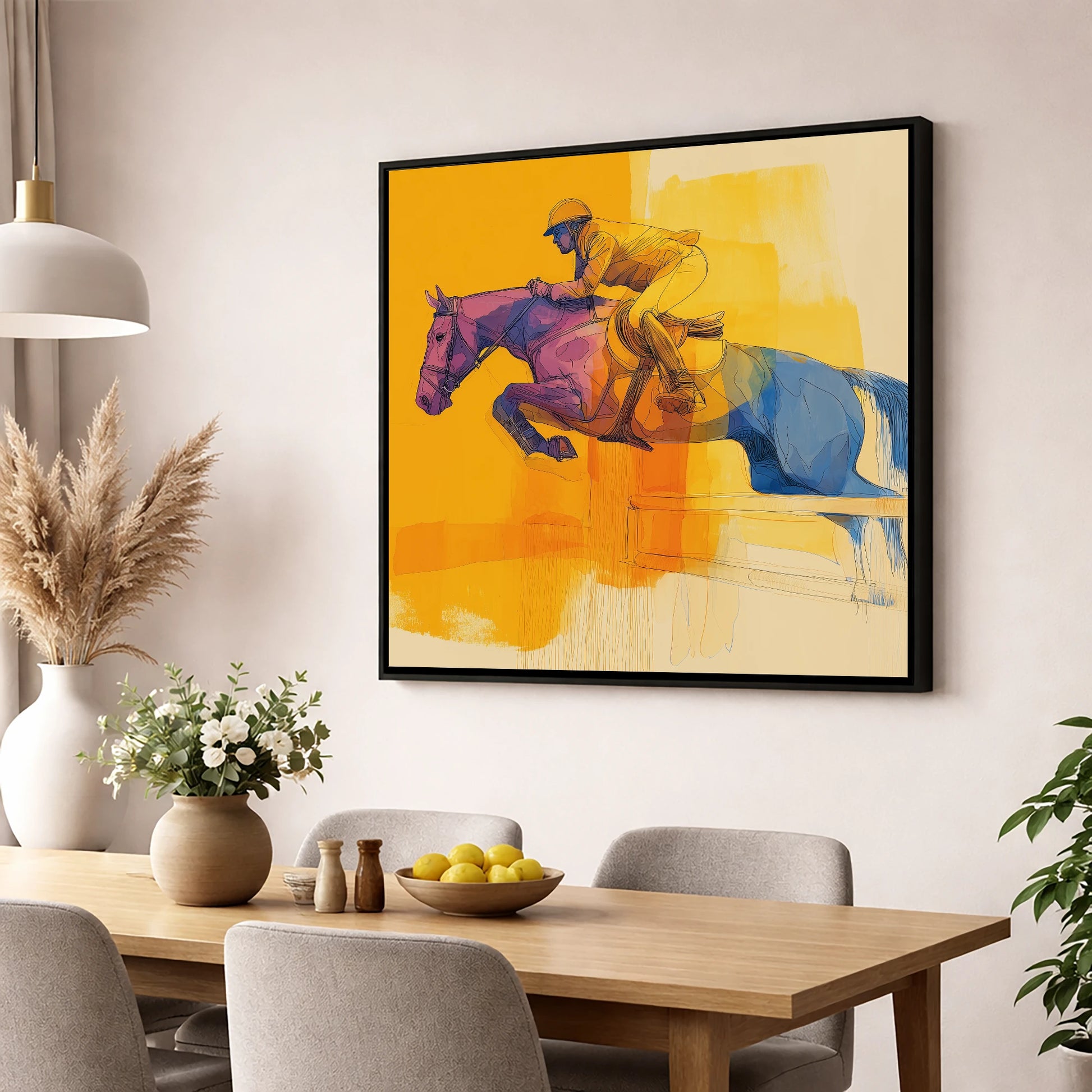 The Colour of Flight show jumping horse wall art displayed in a dining room