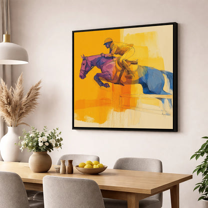 The Colour of Flight show jumping horse wall art displayed in a dining room