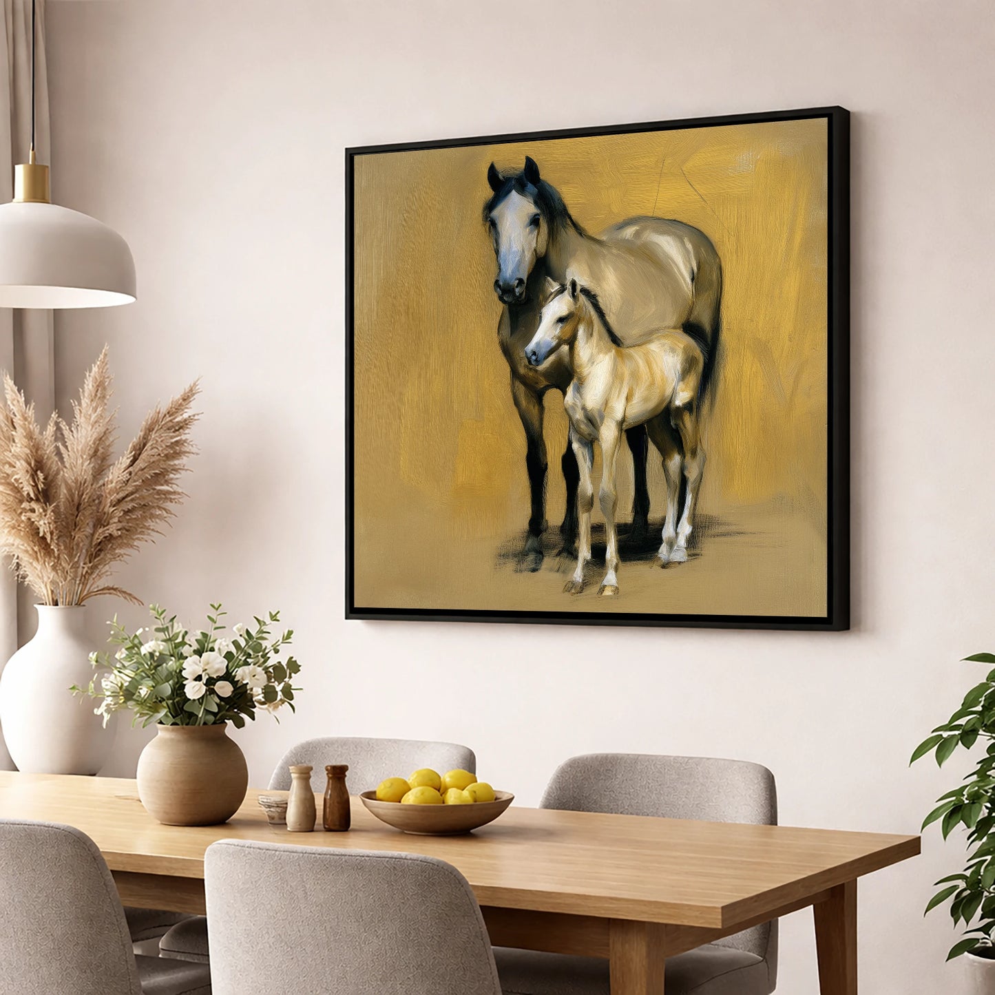 A Mother's Watch mare & foal wall art displayed in a dining room