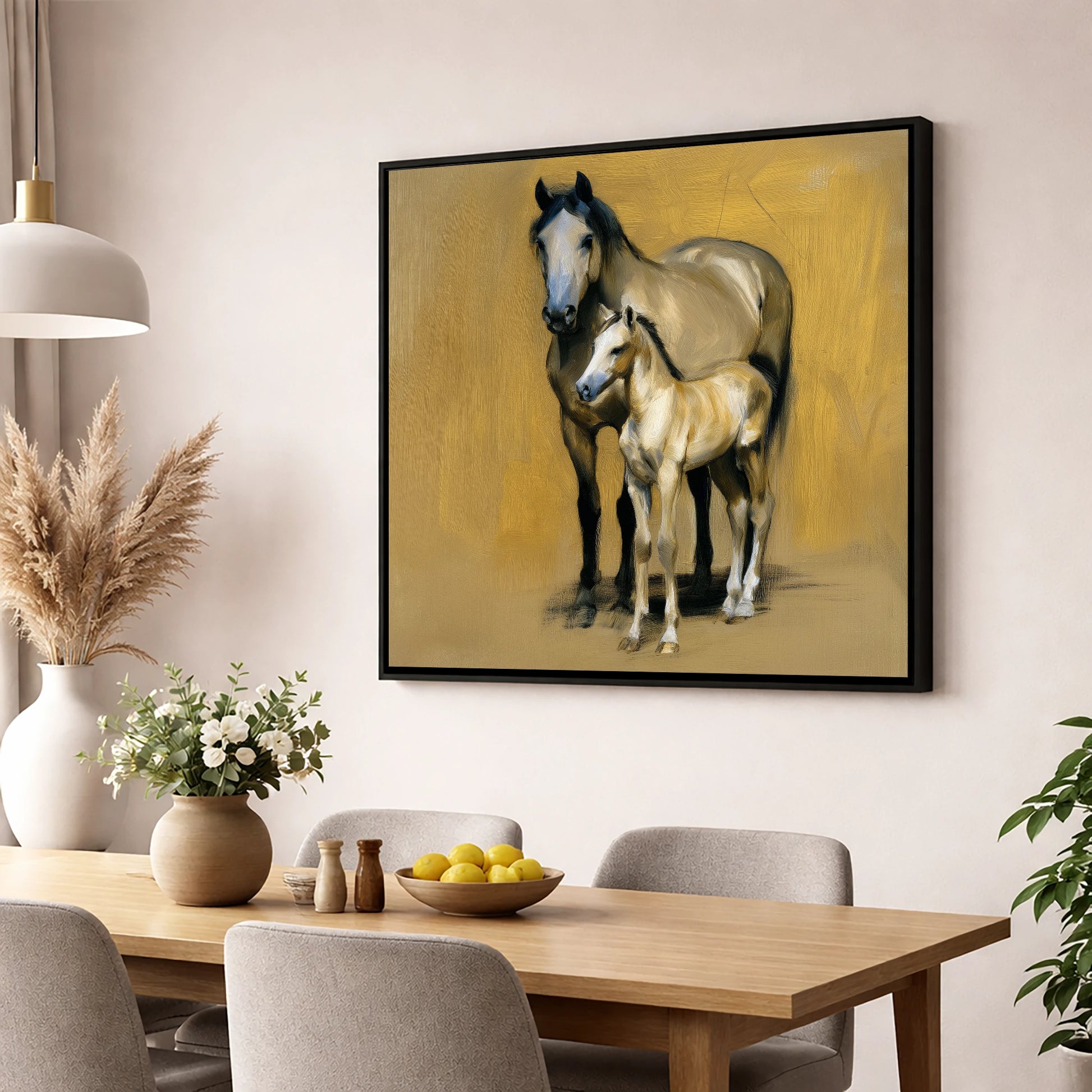 A Mother's Watch mare & foal wall art displayed in a dining room