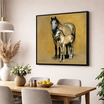 A Mother's Watch mare & foal wall art displayed in a dining room
