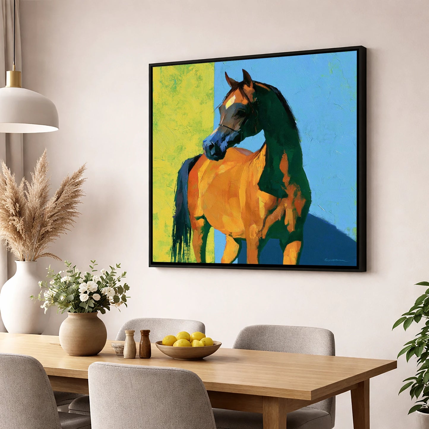 Arabian Horse in Bold Colours horse breed wall art displayed in a dining room