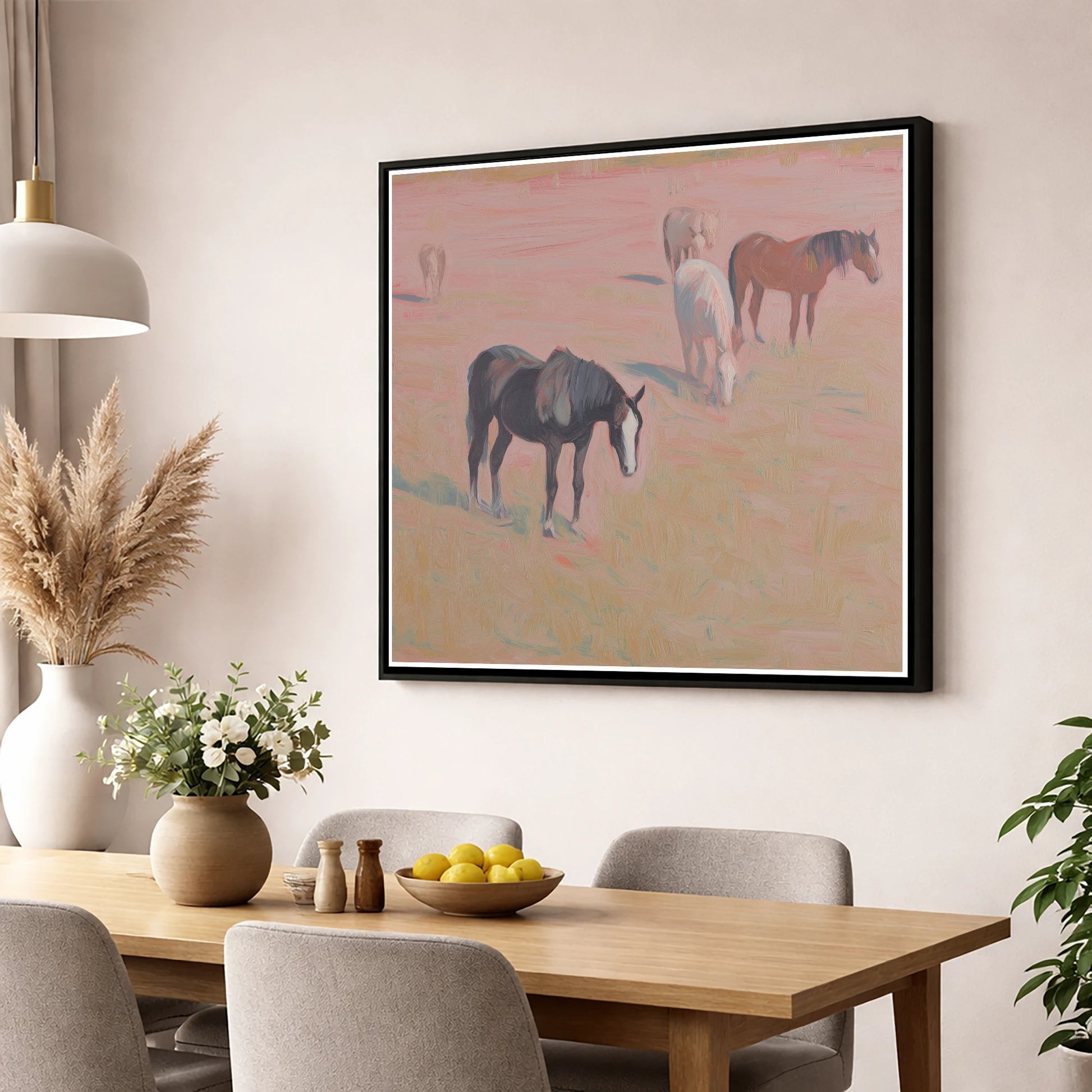 Dusky Rosa Pastures wild horses wall art displayed in a dining room