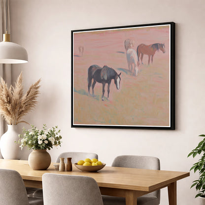 Dusky Rosa Pastures wild horses wall art displayed in a dining room