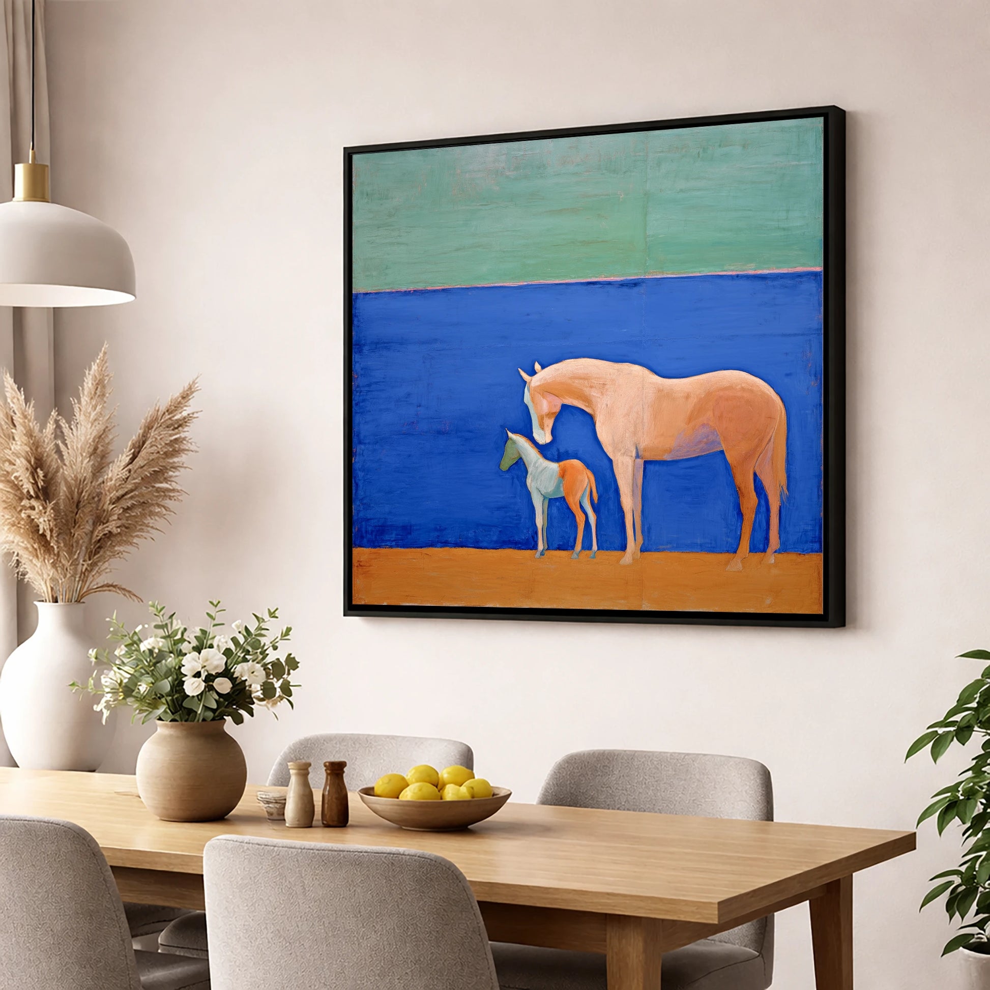 Cobalt Bond mare & foal wall art displayed in a dining room