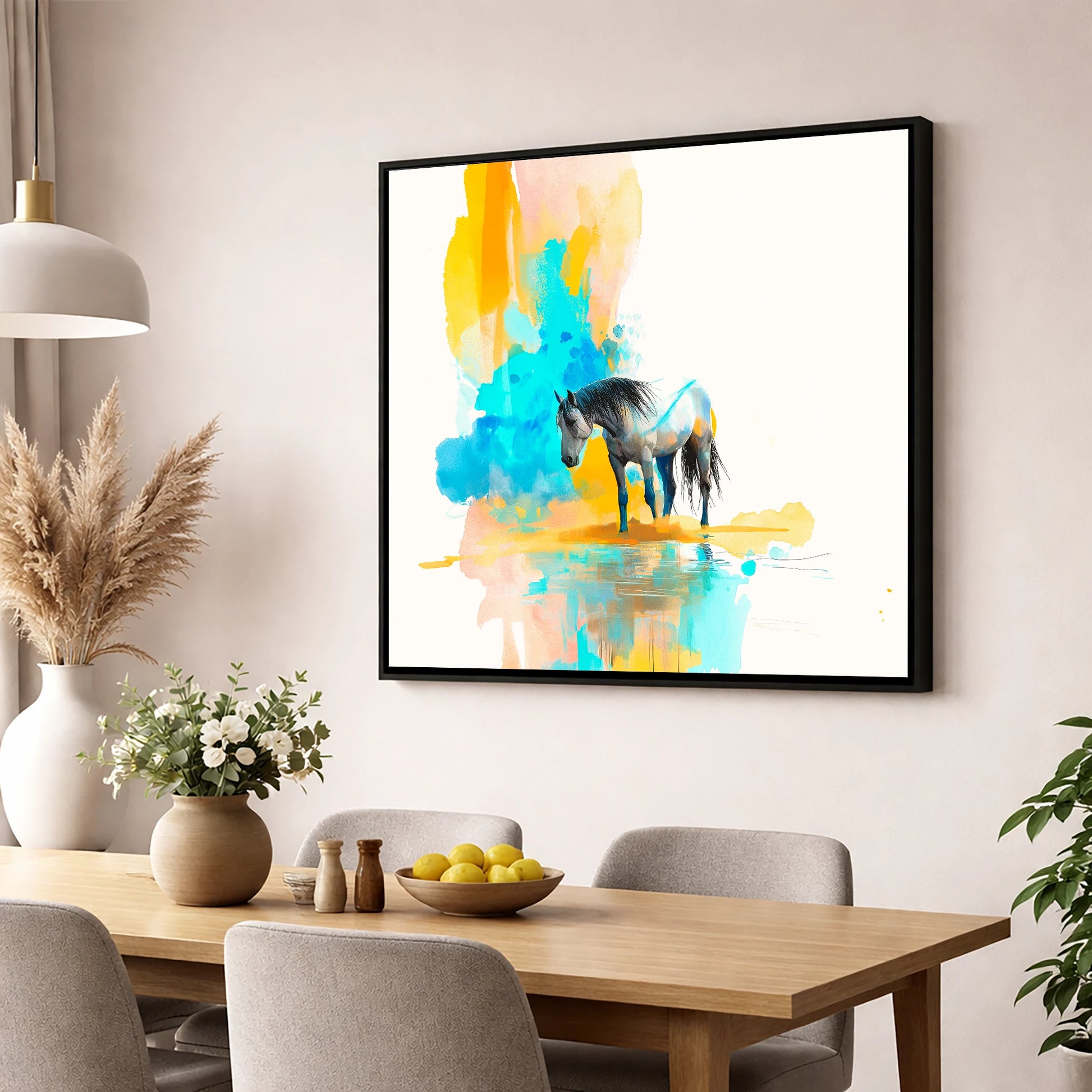 Vibrant Grey Reflection horse portrait wall art displayed in a dining room