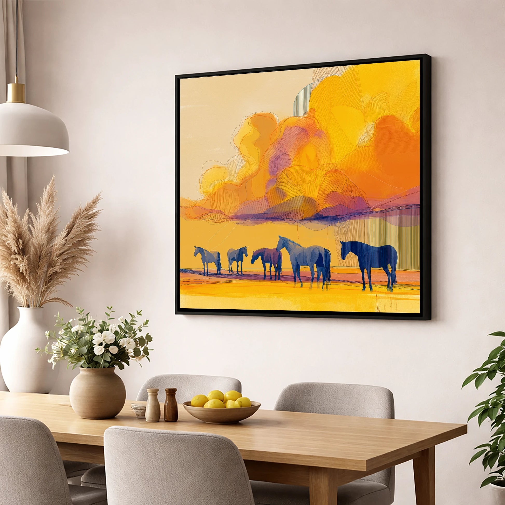 Vibrant Horizon Herd horse landscape wall art displayed in a dining room